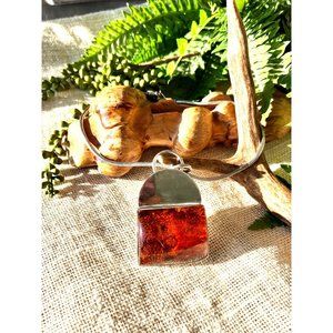 Vintage ESTATE Dramatic Amber & Sterling Silver Modernist Pendant Necklace